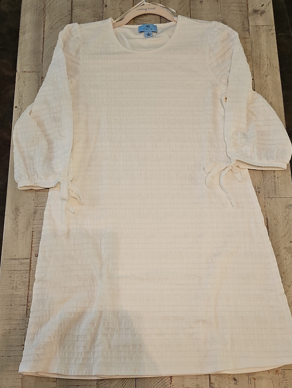 CeCe Cream Textured Puff Sleeve Shift Dress with Side Ties